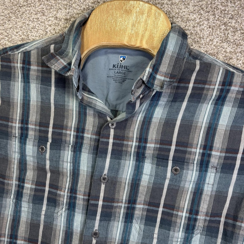 Kuhl Shirt Mens Large Tall Blue Plaid Short Sleeve Linen Button Up Cotton Casual
